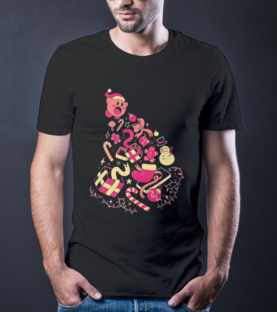 Kirby Christmas Santa Hat And Holiday Icons T-Shirt