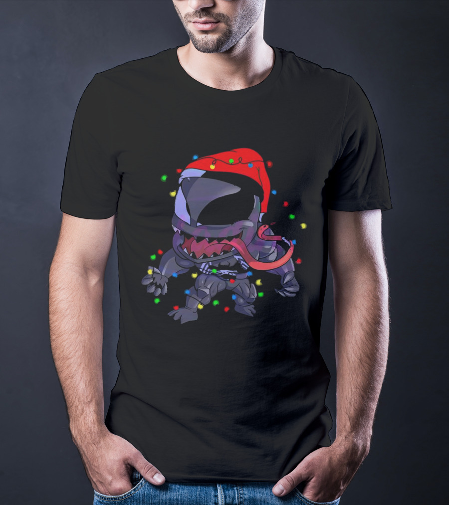 Venom Spiderman Marvel Christmas Lights Santa Hat T-Shirt