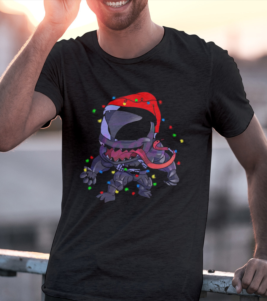 Venom Spiderman Marvel Christmas Lights Santa Hat T-Shirt