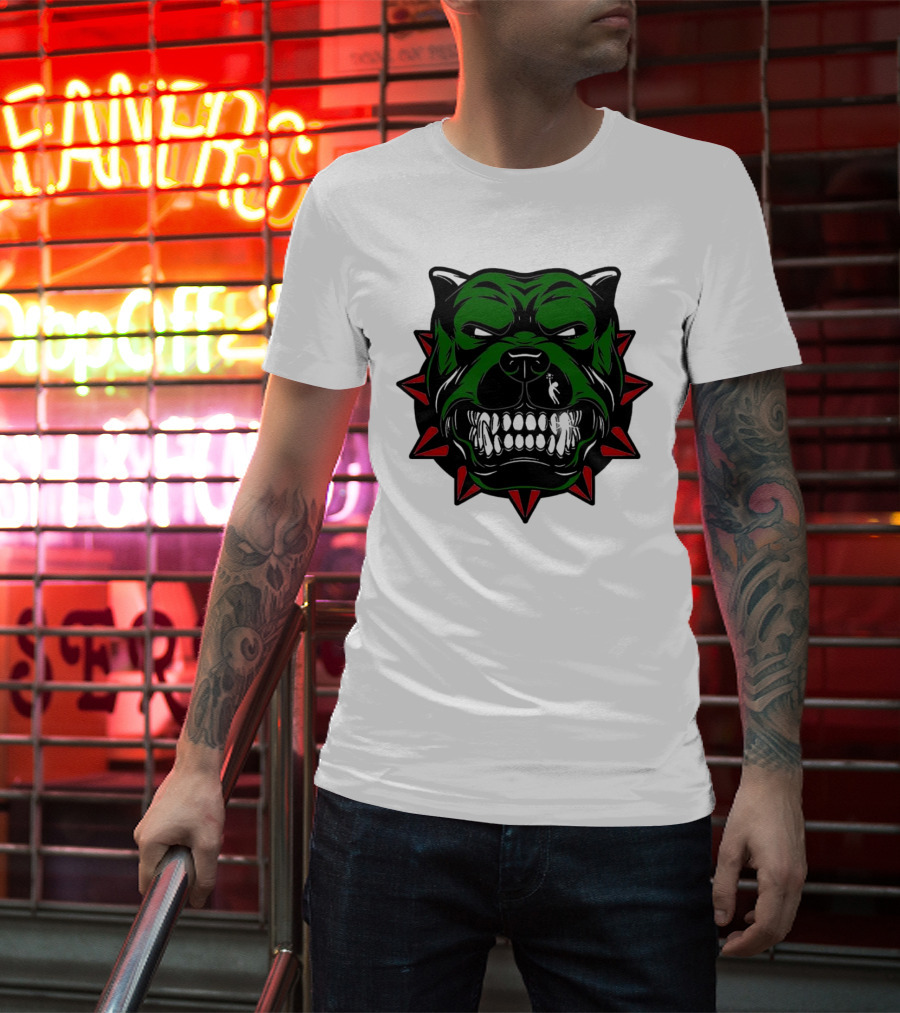 Angry Pitbull With Green Face And Red Spiked Collar Merry Christmas T-Shirt