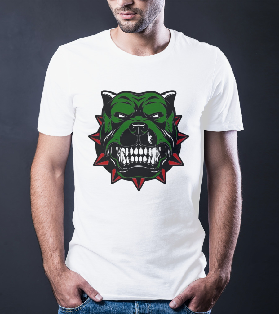 Angry Pitbull With Green Face And Red Spiked Collar Merry Christmas T-Shirt