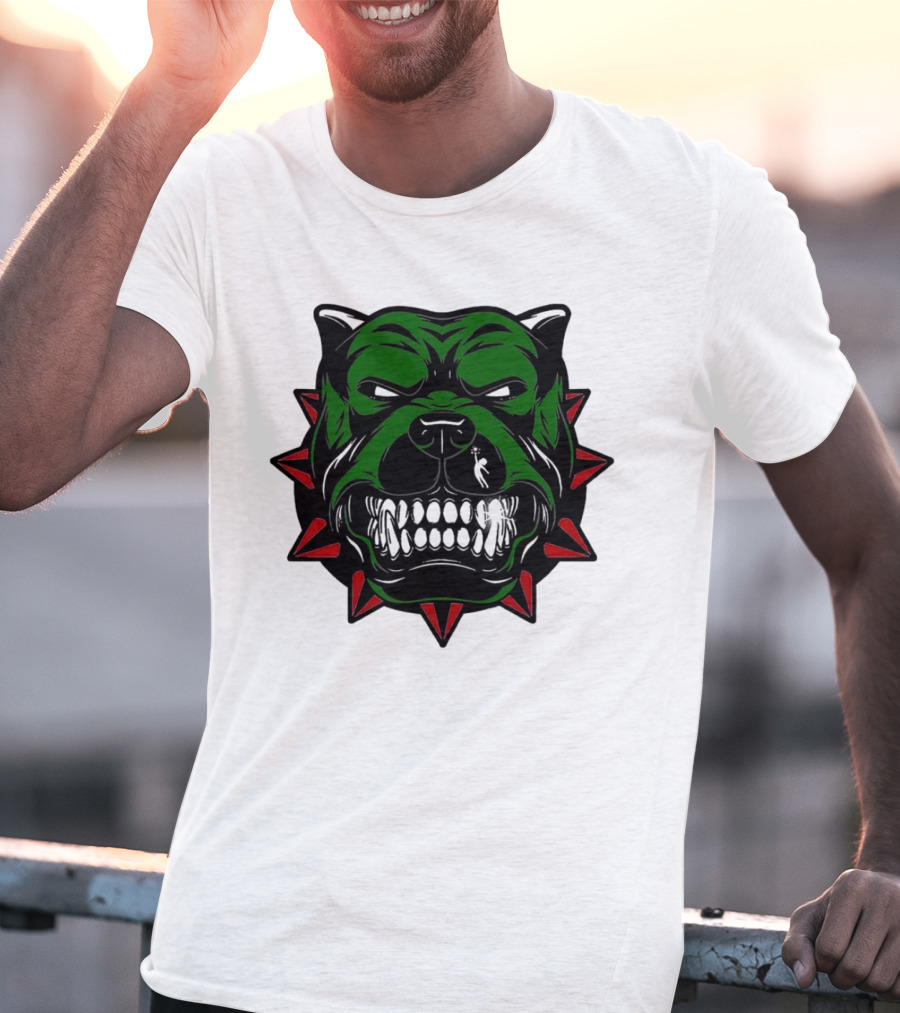 Angry Pitbull With Green Face And Red Spiked Collar Merry Christmas T-Shirt