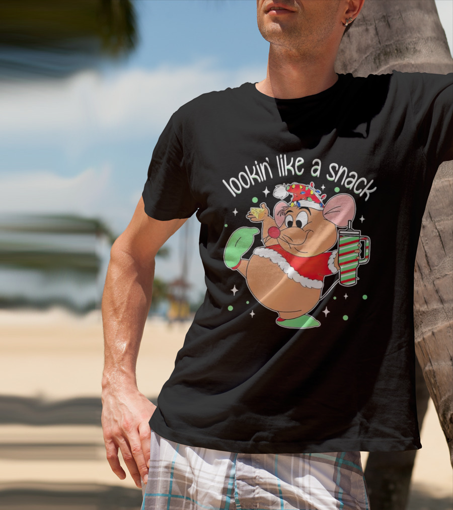 Lookin' Like A Snack Santa Mouse Holding Cheese And Peppermint Drink T-Shirt