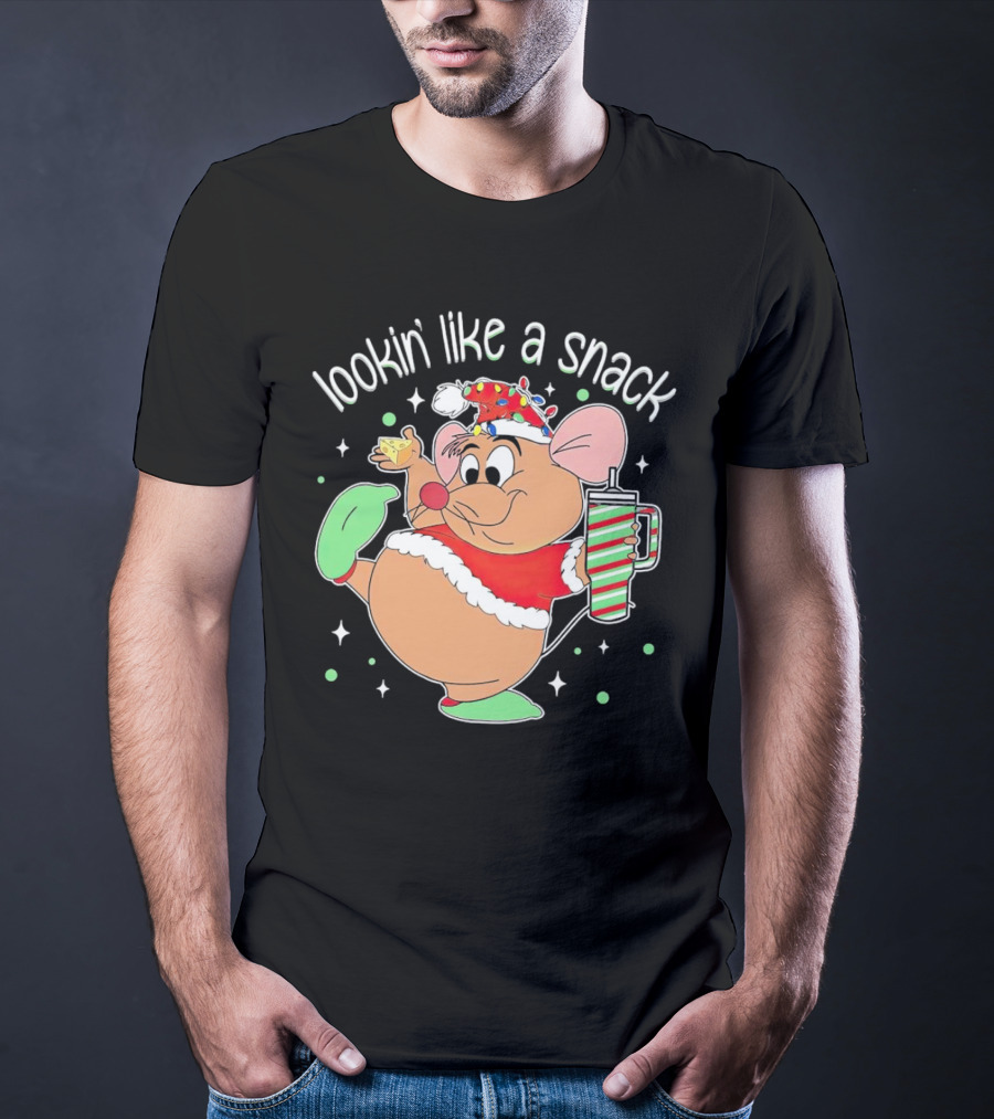 Lookin' Like A Snack Santa Mouse Holding Cheese And Peppermint Drink T-Shirt