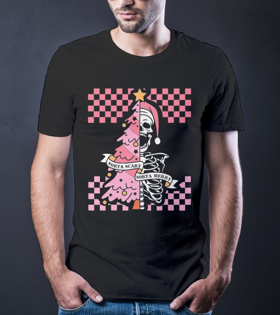 Skeleton Sorta Scary Sorta Merry Christmas Tree Split T-Shirt