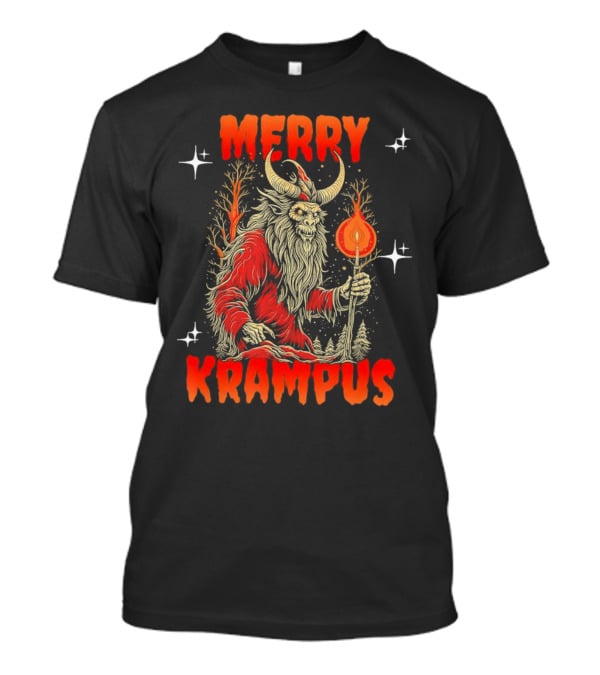 Merry Krampus Horror Christmas Demon With Fiery Torch In Forest Scene T-Shirt