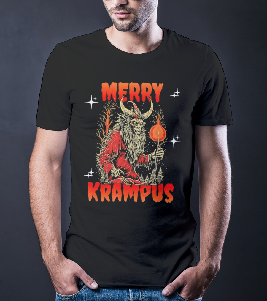 Merry Krampus Horror Christmas Demon With Fiery Torch In Forest Scene T-Shirt