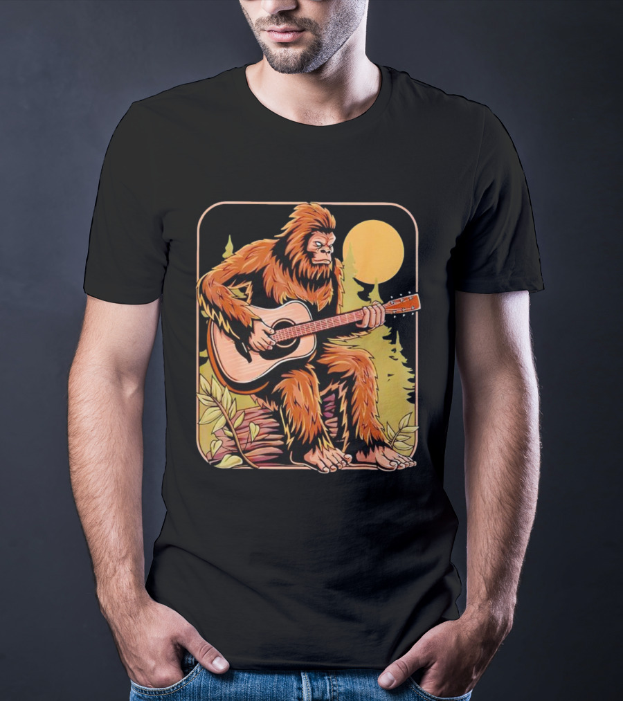 Bigfoot Playing Acoustic Guitar In Forest Scene T-Shirt