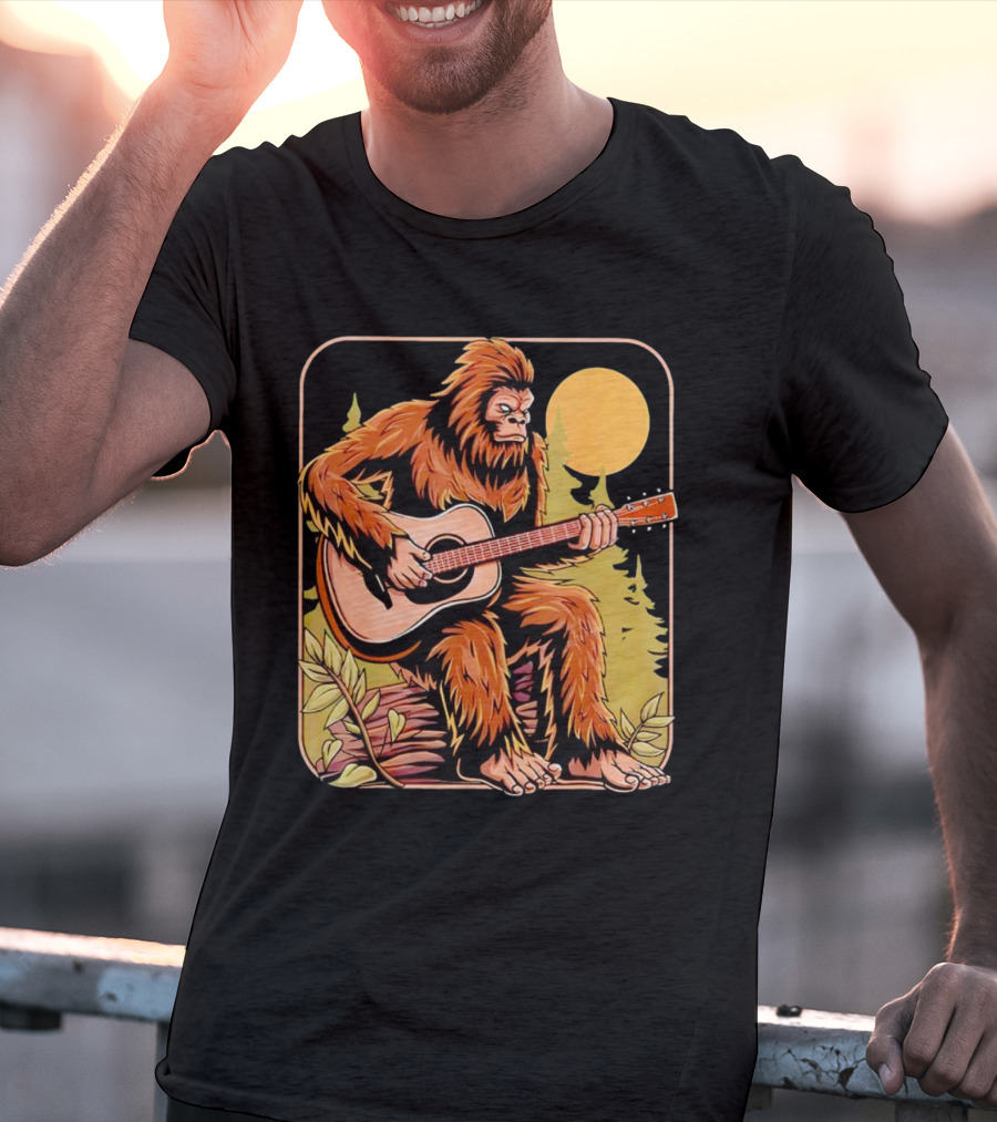 Bigfoot Playing Acoustic Guitar In Forest Scene T-Shirt