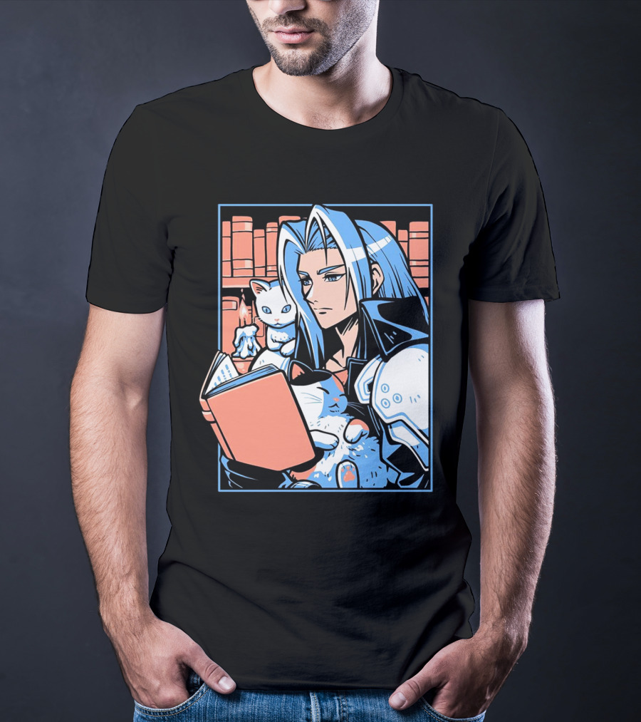 Sephiroth Reading In Basement Library With Cats And Books T-Shirt