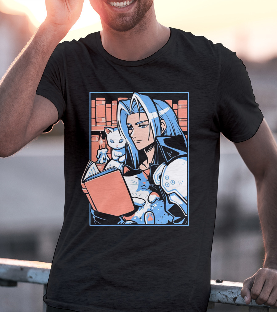 Sephiroth Reading In Basement Library With Cats And Books T-Shirt