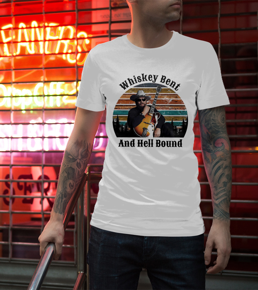Whiskey Bent And Hell Bound Cowboy With Guitar Retro Sunset T-Shirt