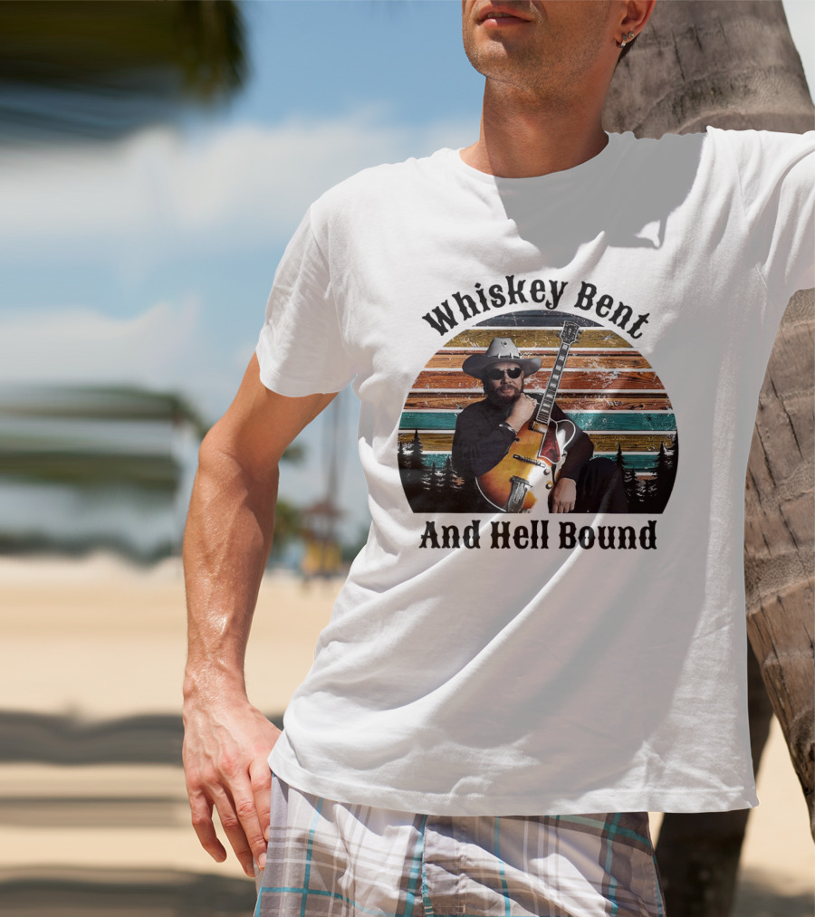Whiskey Bent And Hell Bound Cowboy With Guitar Retro Sunset T-Shirt