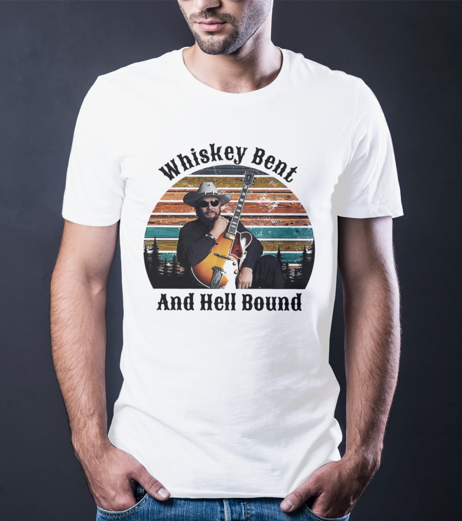 Whiskey Bent And Hell Bound Cowboy With Guitar Retro Sunset T-Shirt