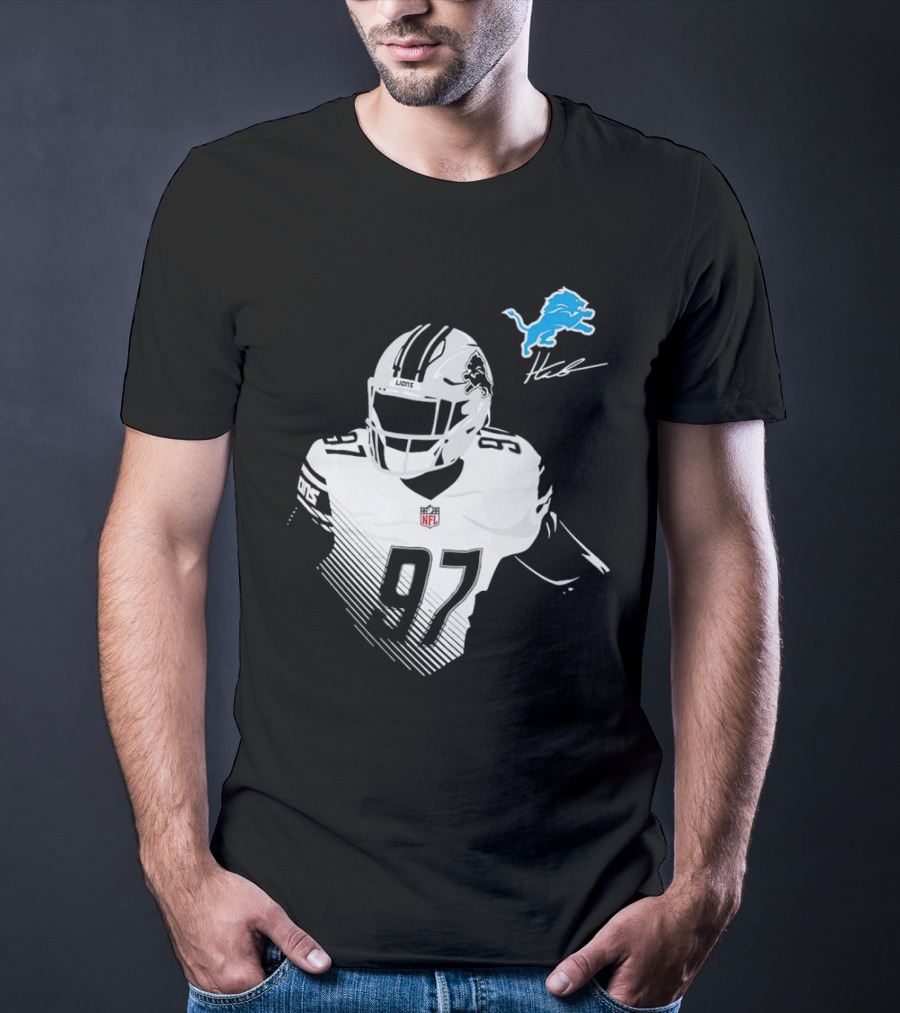 Aidan Hutchinson #97 Detroit Lions NFL Blue Lion Logo Football Player T-Shirt