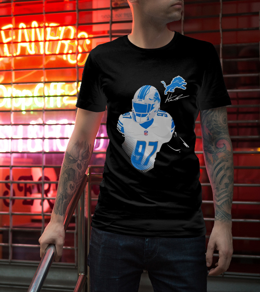 Aidan Hutchinson Detroit Lions Player Signature 97 NFL Logo Lions Helmet T-Shirt