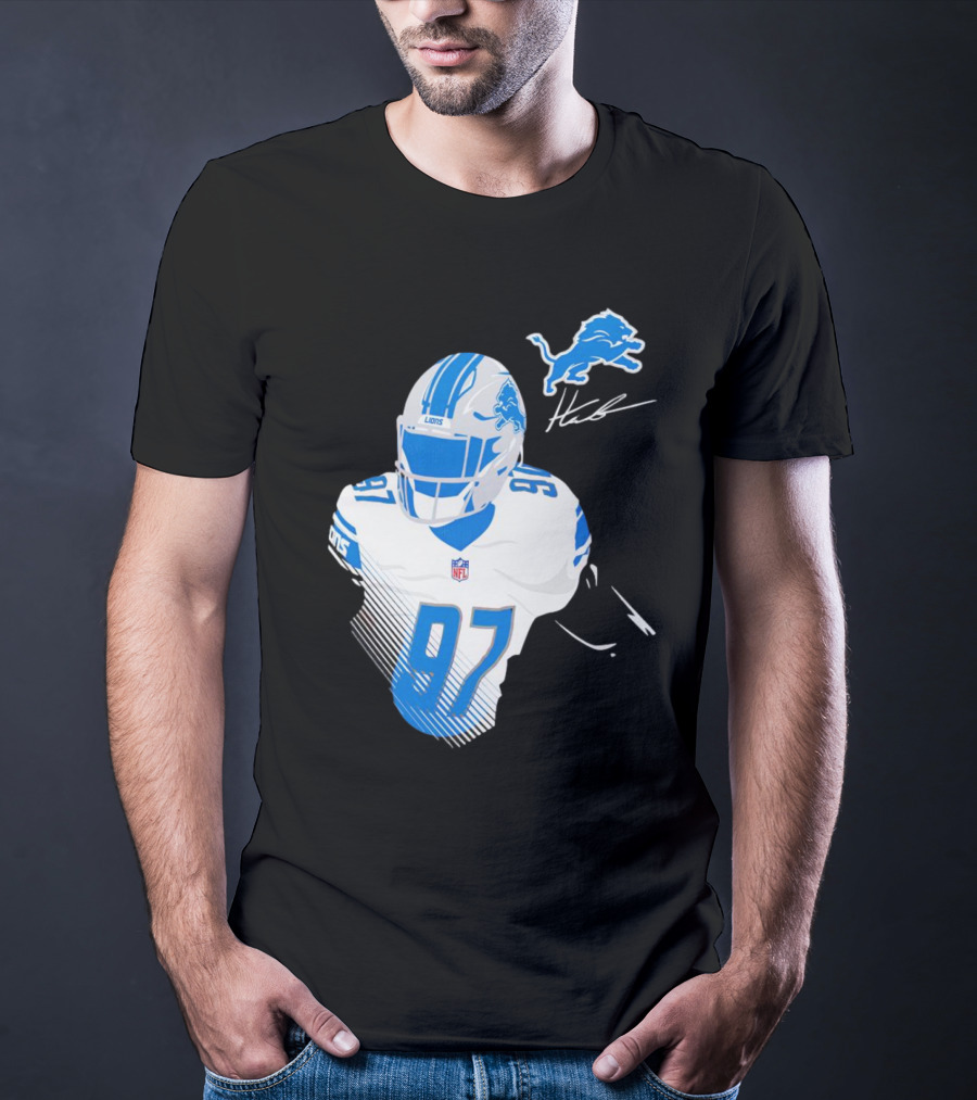 Aidan Hutchinson Detroit Lions Player Signature 97 NFL Logo Lions Helmet T-Shirt