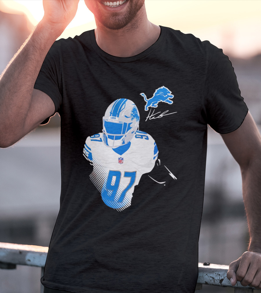 Aidan Hutchinson Detroit Lions Player Signature 97 NFL Logo Lions Helmet T-Shirt
