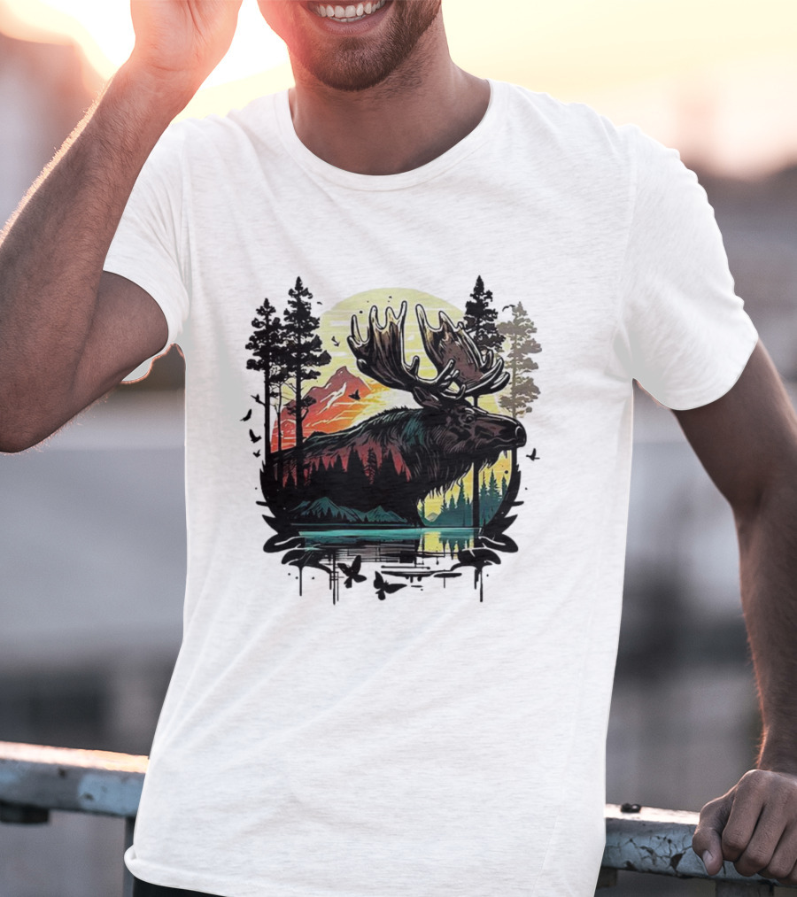 Moose In The Forest With Sunset And Mountain Landscape T-Shirt