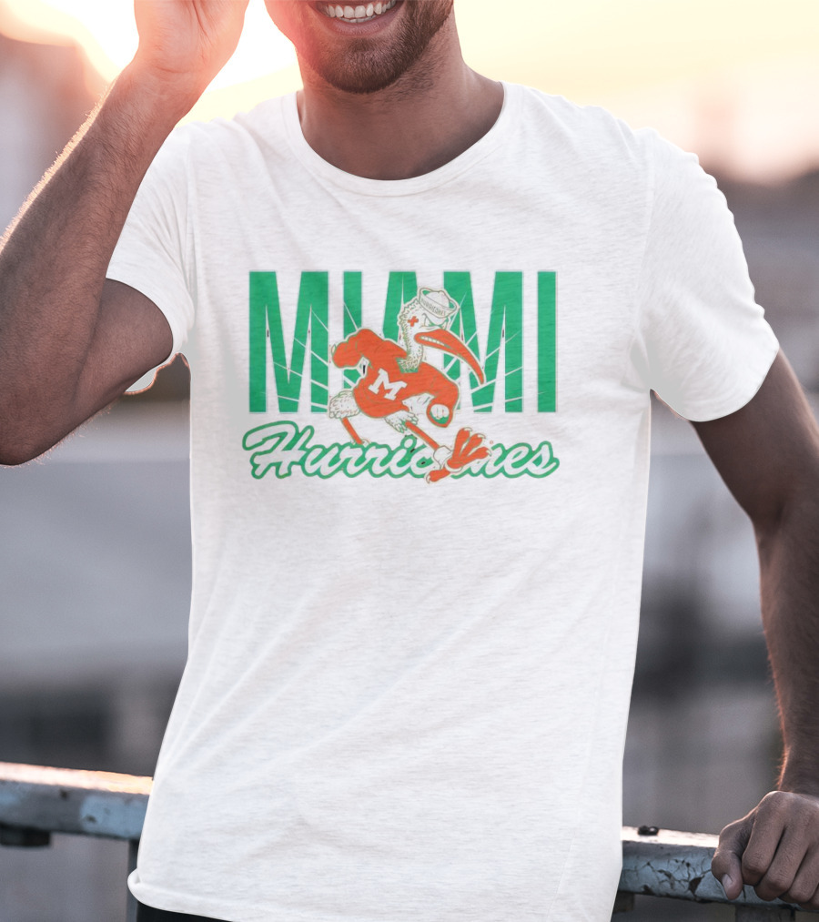 Miami Hurricanes Sebastian The Ibis Mascot With Bold Lettering T-Shirt