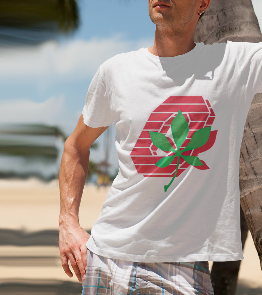 Ohio State Buckeyes Scarlet And Gray O With Green Leaf Emblem T-Shirt
