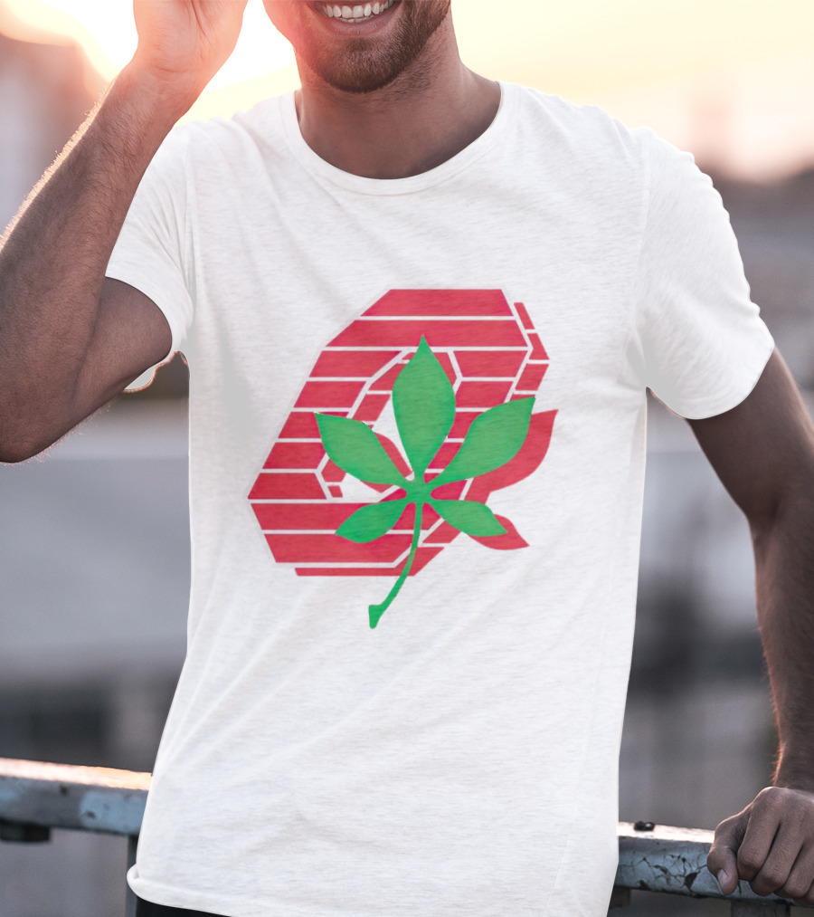 Ohio State Buckeyes Scarlet And Gray O With Green Leaf Emblem T-Shirt