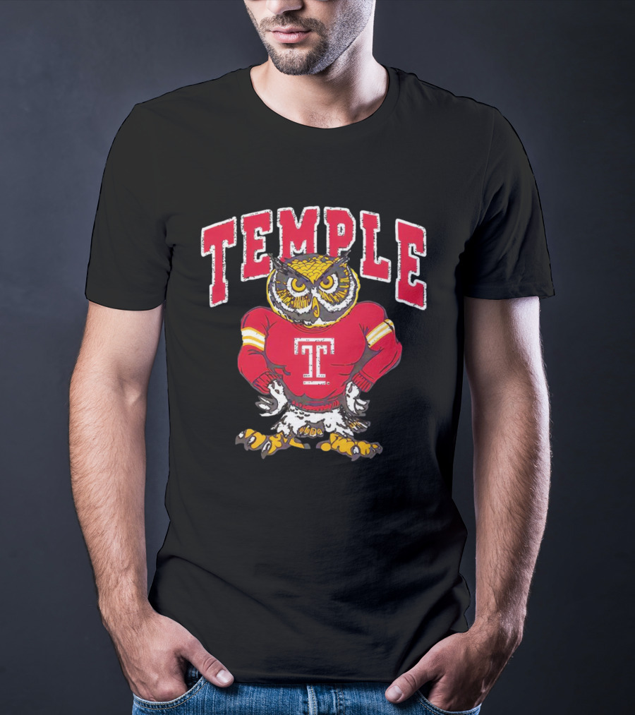 Temple Owls Football Mascot In Red Jersey With Bold Temple Text T-Shirt