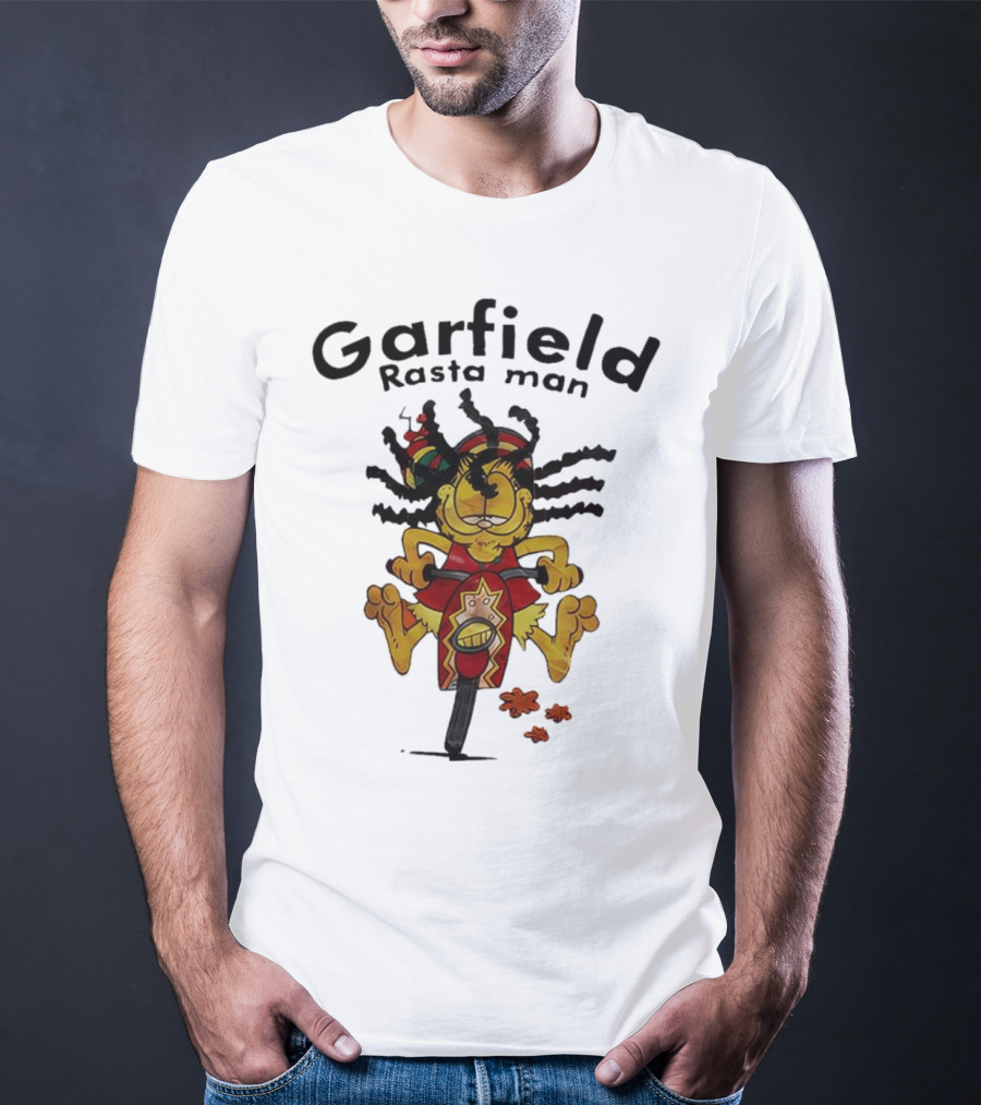 Garfield Rasta Man Dreadlocks Bicycle Whimsical Fun T-Shirt