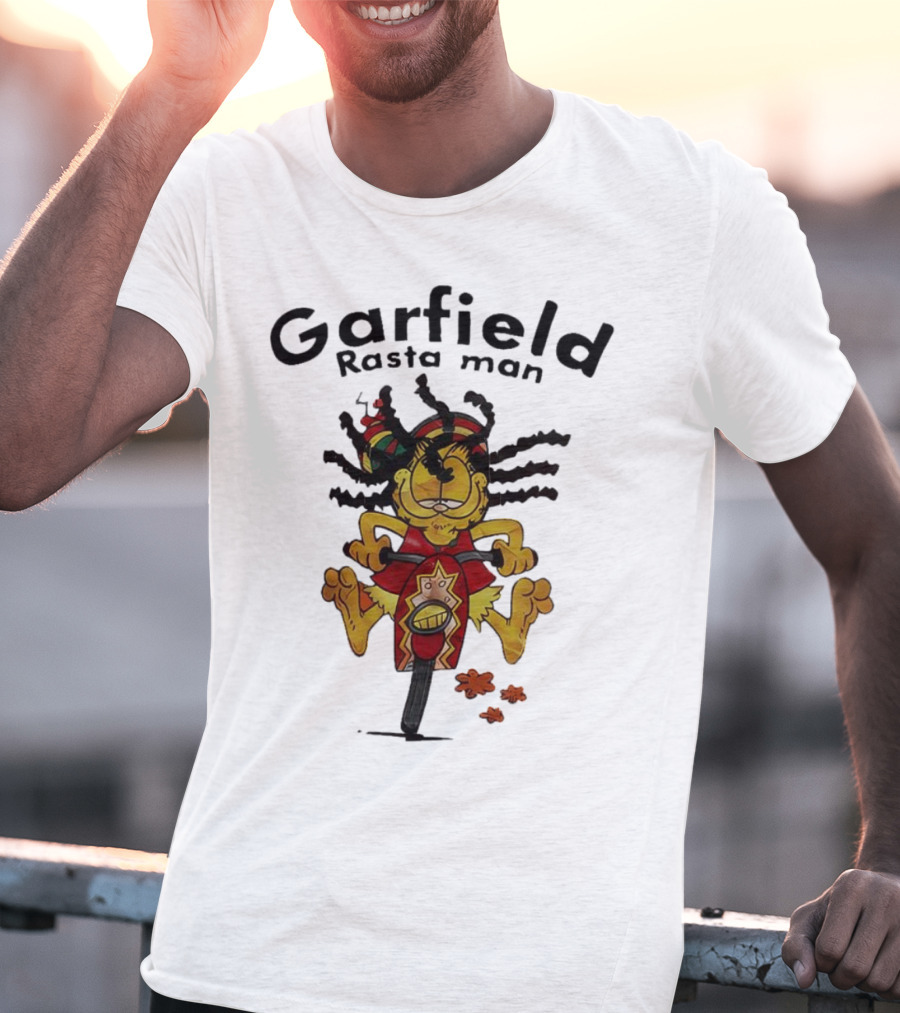 Garfield Rasta Man Dreadlocks Bicycle Whimsical Fun T-Shirt