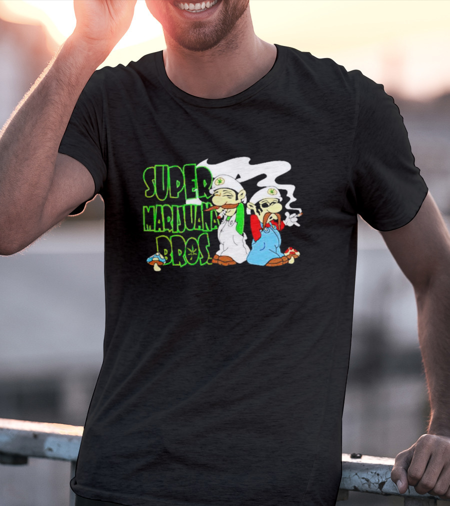 Super Marijuana Bros Weed Parody With Smoking Characters And Mushrooms T-Shirt