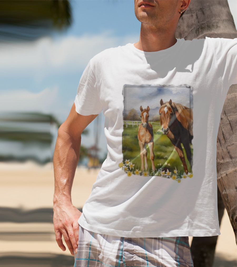 Ginger And Freddie Horses In Scenic Pasture With Daffodils T-Shirt