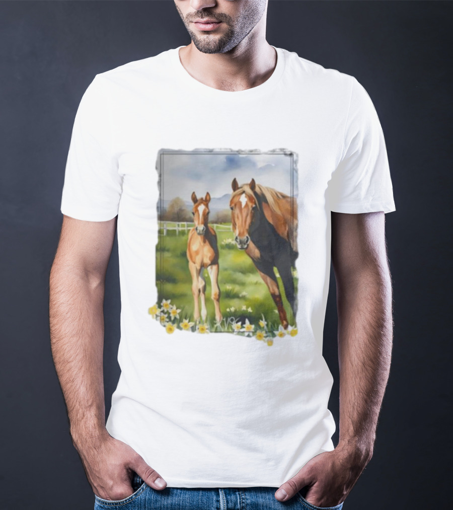Ginger And Freddie Horses In Scenic Pasture With Daffodils T-Shirt