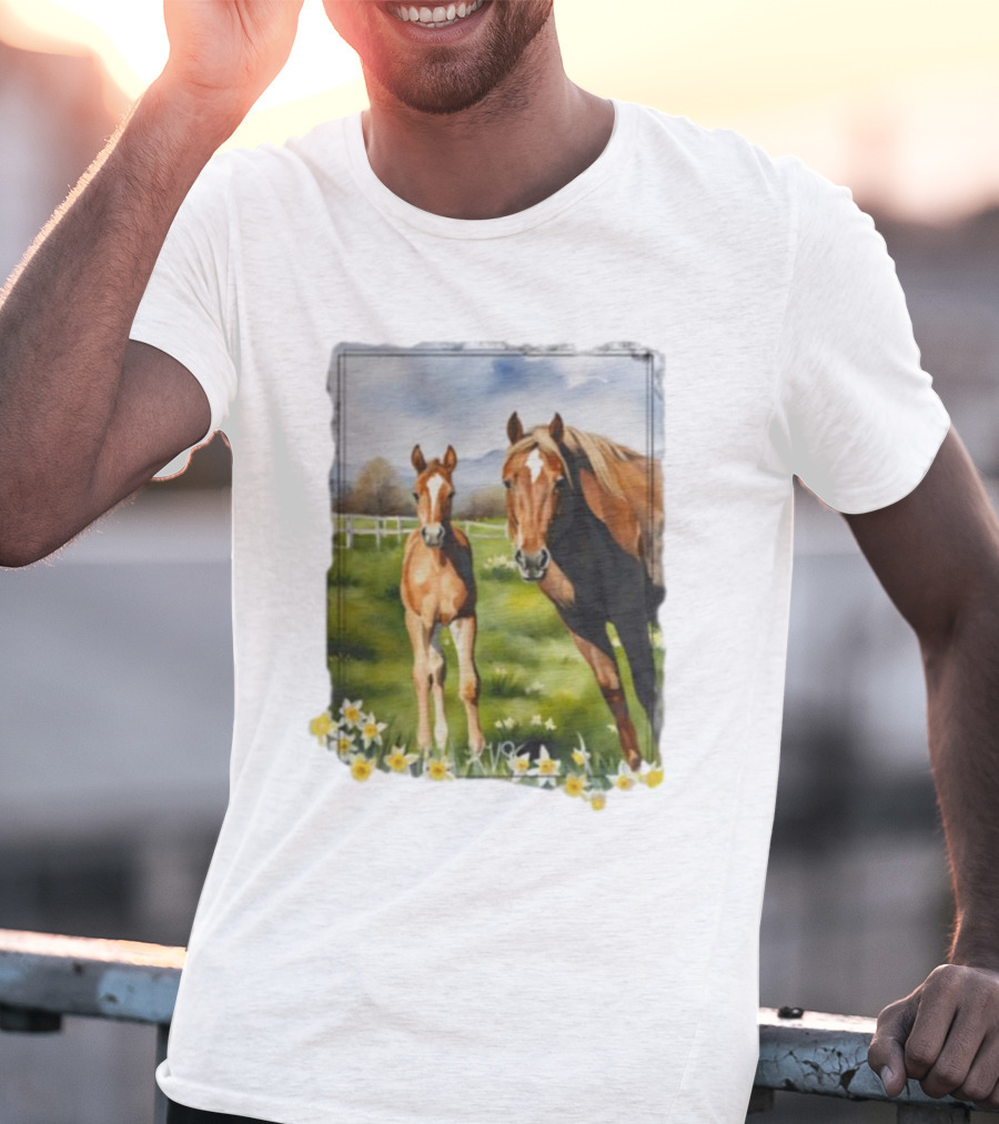 Ginger And Freddie Horses In Scenic Pasture With Daffodils T-Shirt