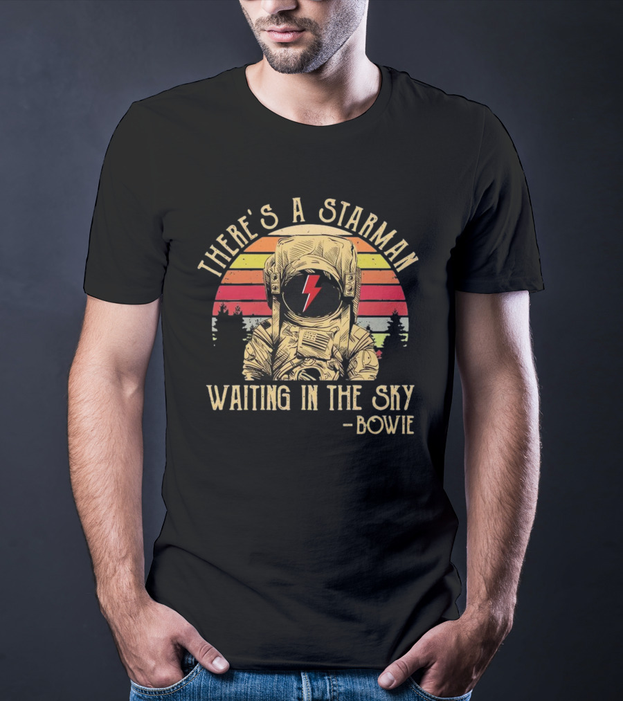 There's A Starman Waiting In The Sky Bowie Vintage Astronaut Rainbow Lightning T-Shirt