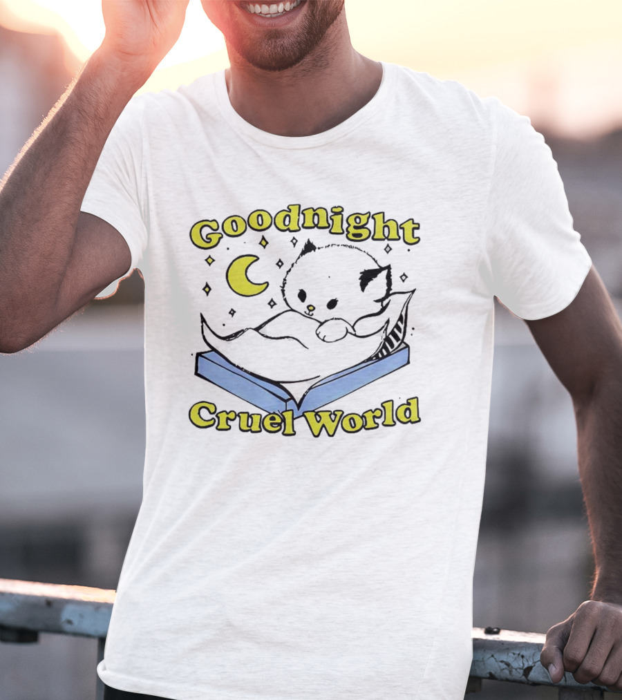 Goodnight Cruel World Cat On Open Book With Moon And Stars T-Shirt