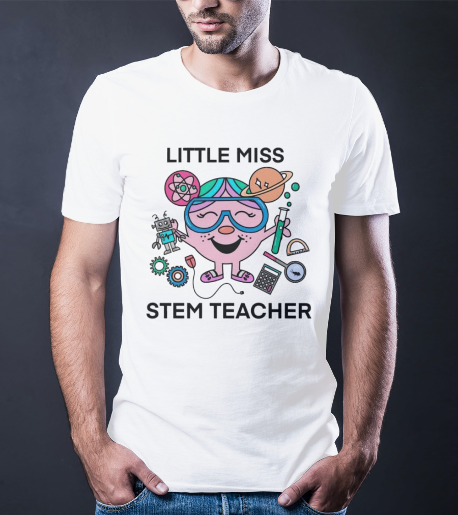 Little Miss STEM Teacher Science Icons Robot Atom Calculator Planets Gears T-Shirt