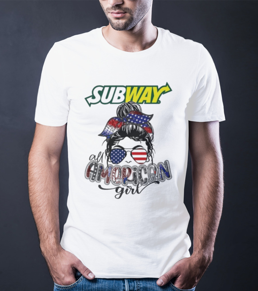 Subway All American Girl Messy Bun Patriotic Bandana And Sunglasses T-Shirt