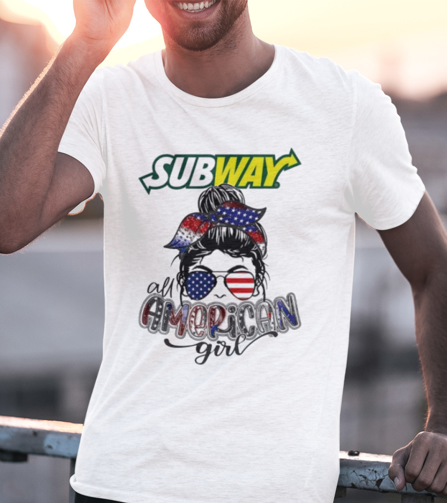 Subway All American Girl Messy Bun Patriotic Bandana And Sunglasses T-Shirt
