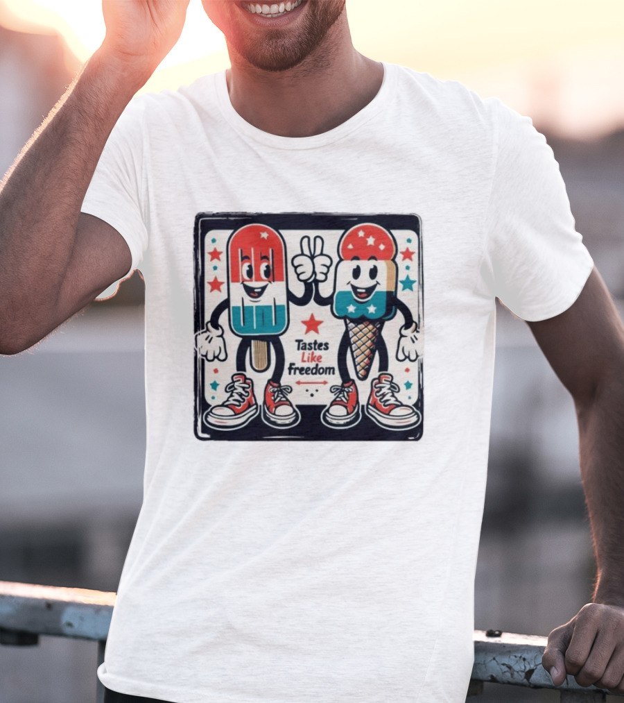 Tastes Like Freedom Popsicle And Ice Cream Characters With Stars And Sneakers T-Shirt