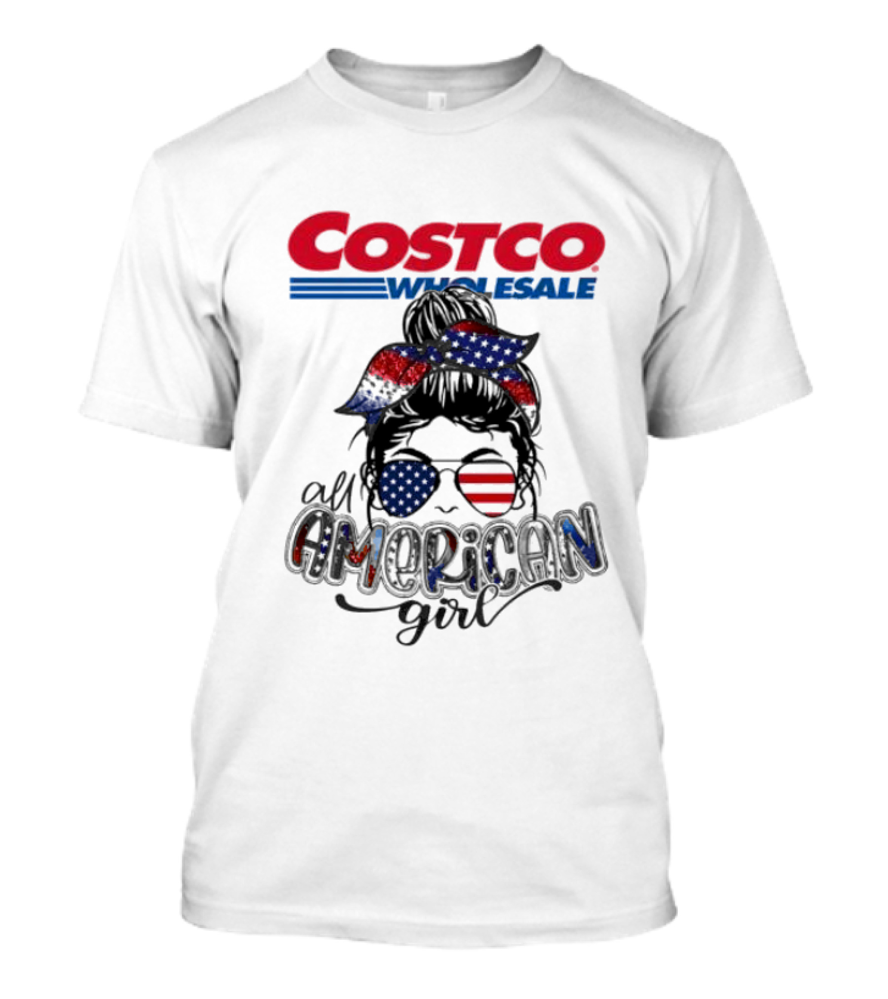 Costco Wholesale All American Girl Messy Bun Sunglasses Bandana USA Flag T-Shirt