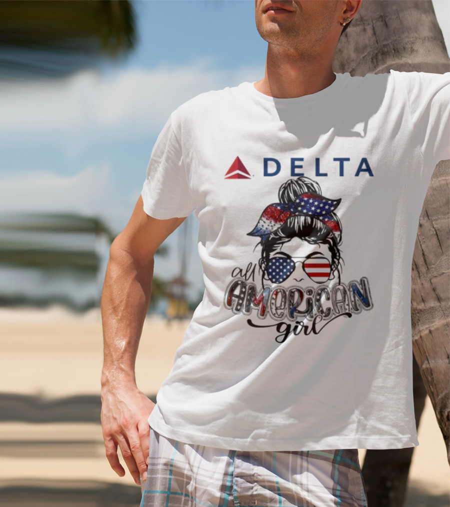 Delta Air Lines All American Girl Messy Bun Stars Stripes Bandana Sunglasses T-Shirt
