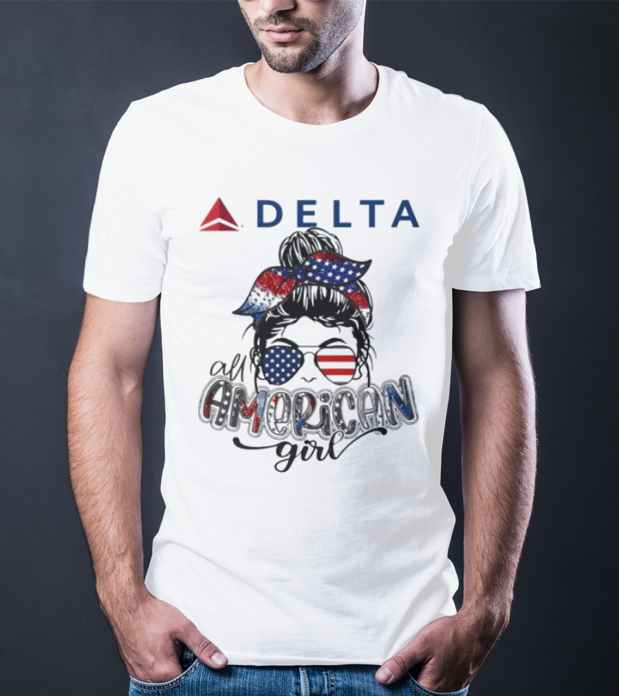 Delta Air Lines All American Girl Messy Bun Stars Stripes Bandana Sunglasses T-Shirt