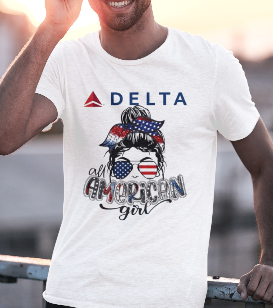 Delta Air Lines All American Girl Messy Bun Stars Stripes Bandana Sunglasses T-Shirt