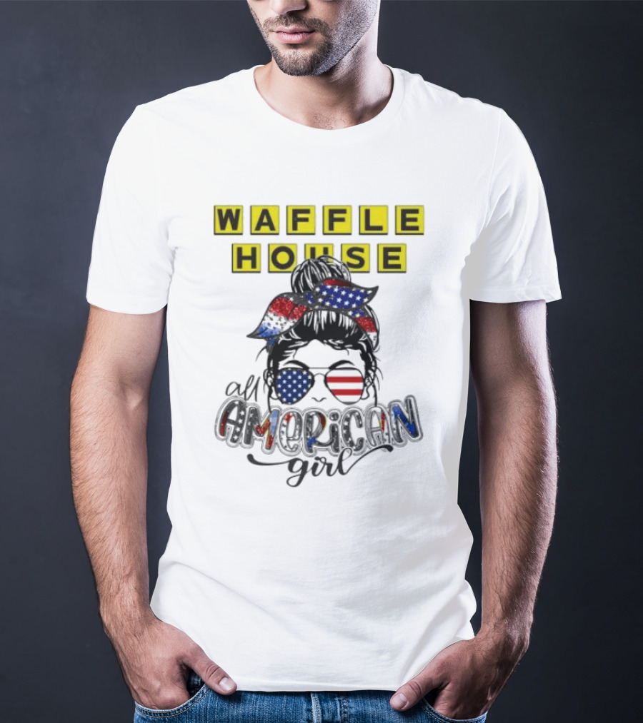 Waffle House All American Girl Messy Bun Patriotic USA Flag Glasses T-Shirt