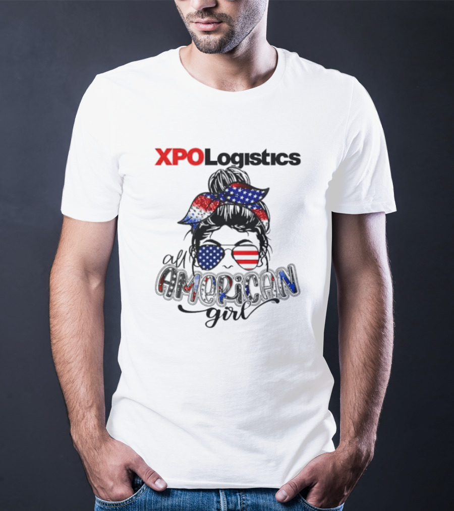 XPO Logistics All American Girl Messy Bun Red White Blue Glasses Stars Stripes T-Shirt