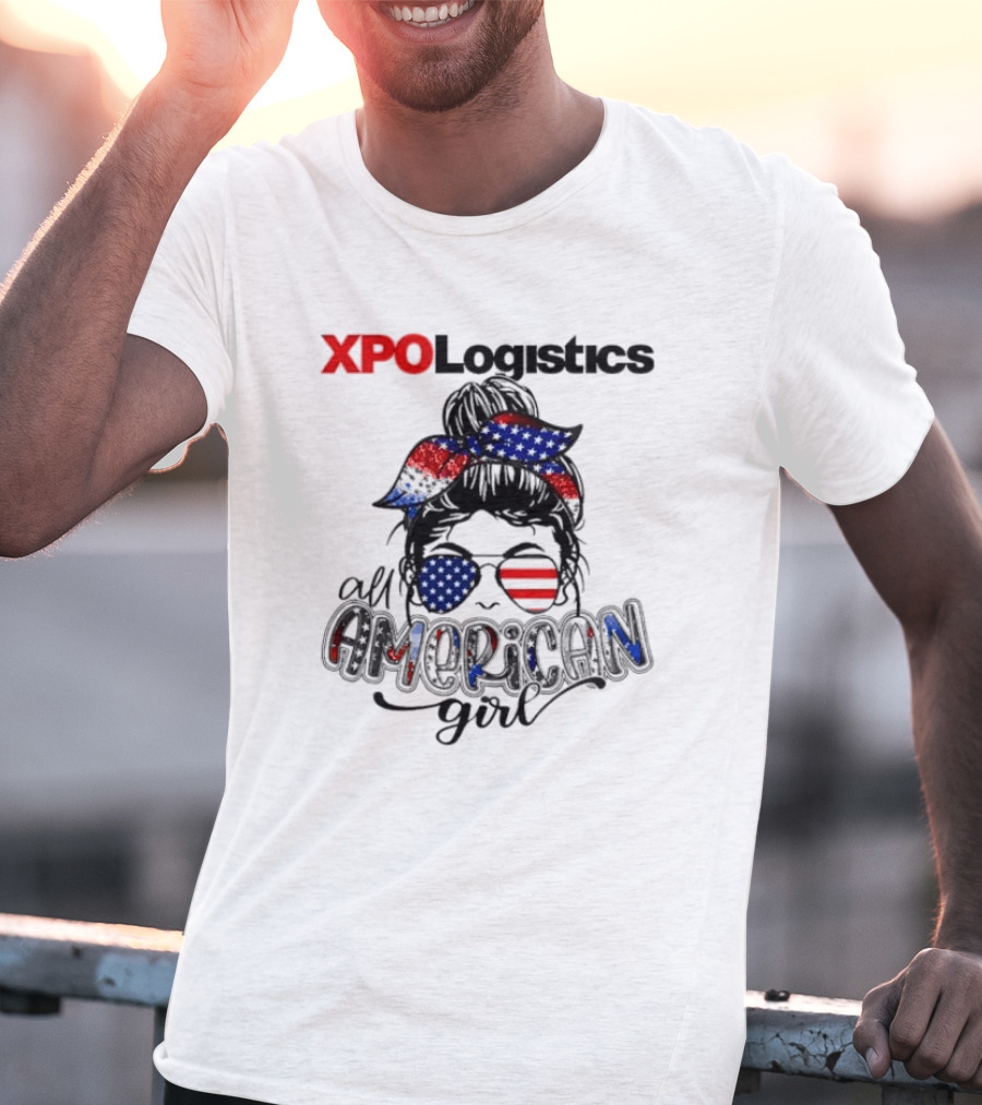 XPO Logistics All American Girl Messy Bun Red White Blue Glasses Stars Stripes T-Shirt