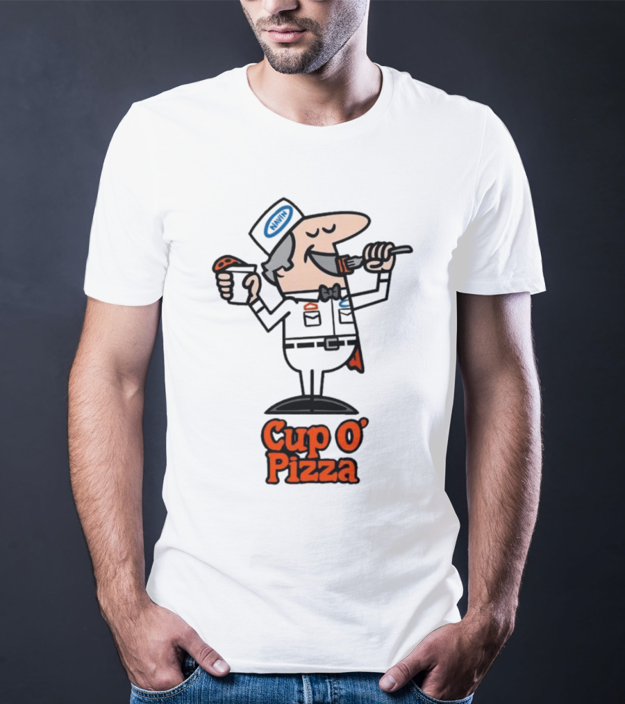 Cup O' Pizza Cartoon Character Eating From A Fork And Cup T-Shirt