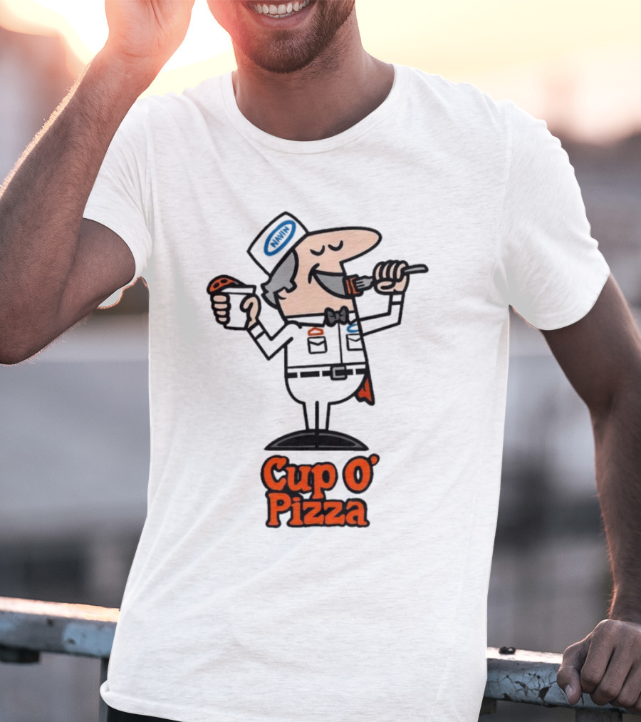 Cup O' Pizza Cartoon Character Eating From A Fork And Cup T-Shirt
