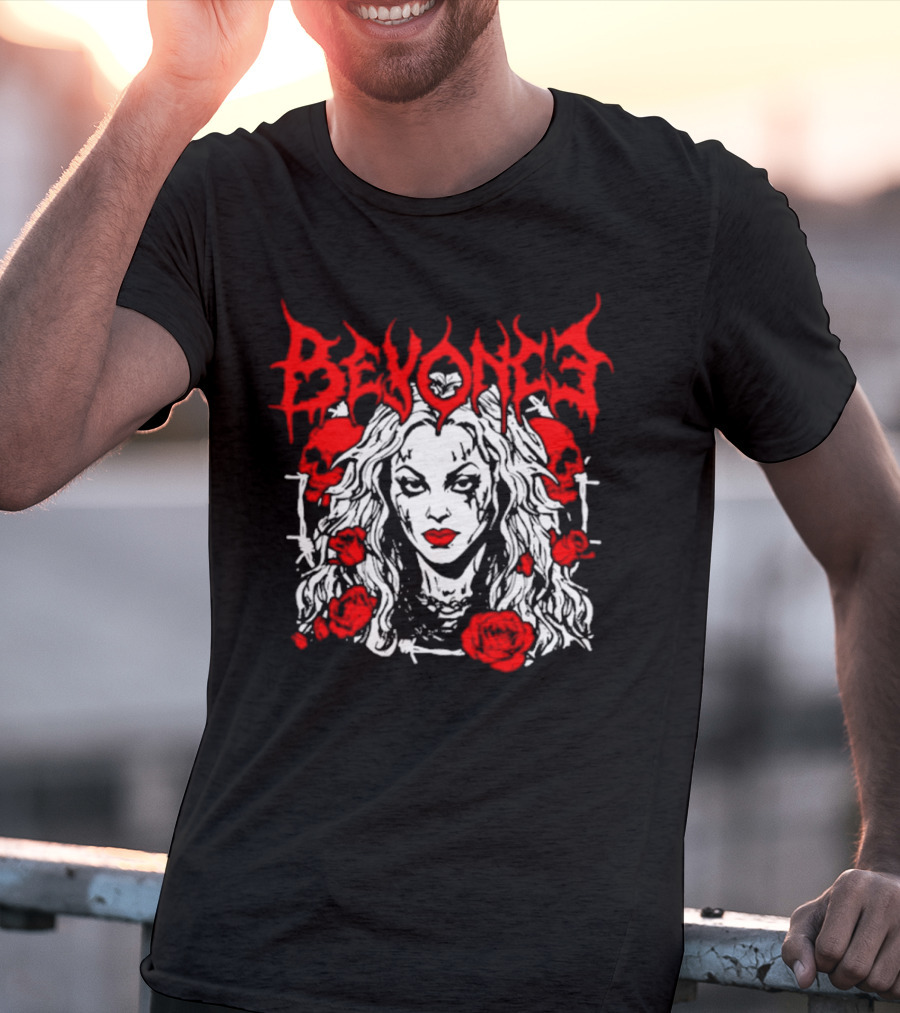 BEYONCÉ Rose Metal Gothic Style Skulls And Roses T-Shirt
