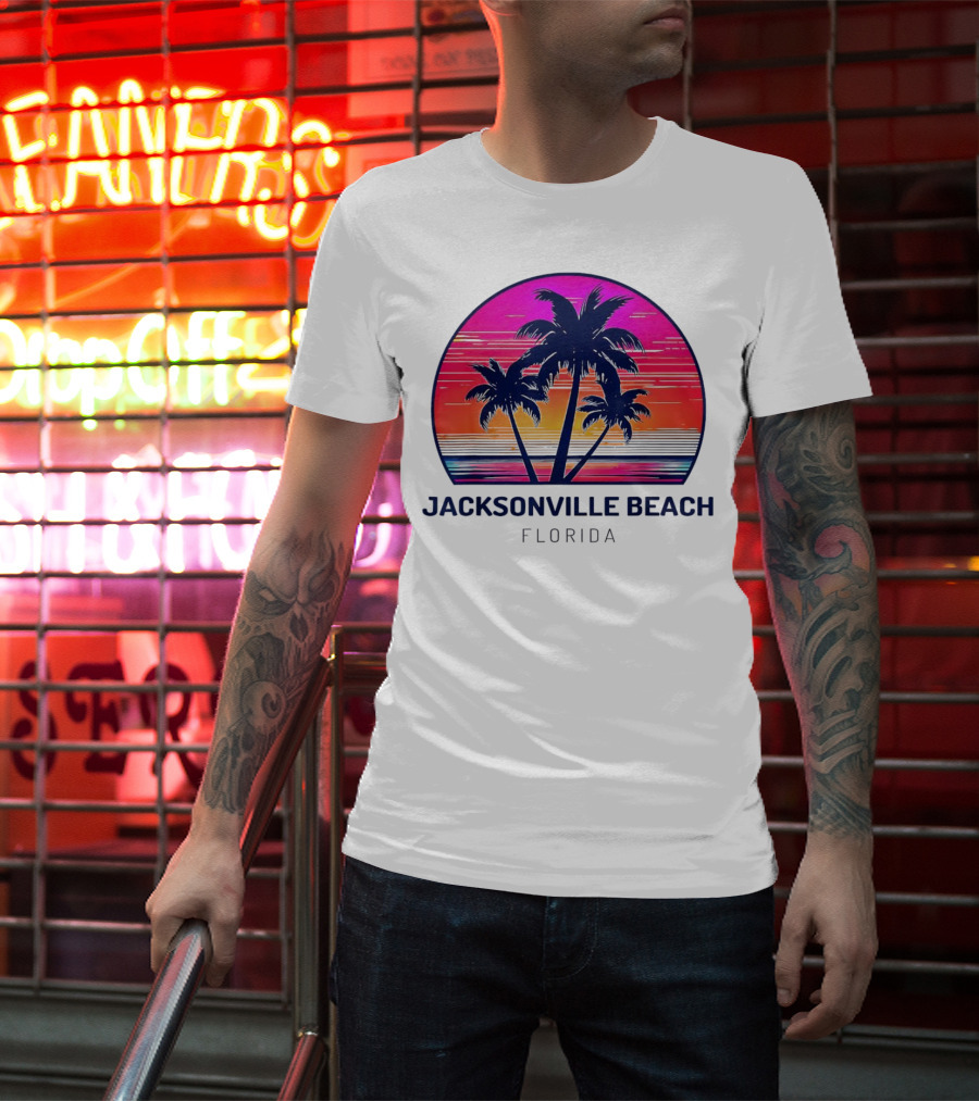 Jacksonville Beach Florida Palm Tree Sunset Circle T-Shirt